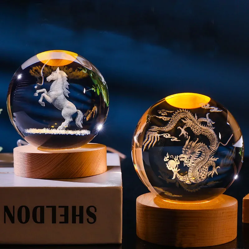 12 Animals Chinese Zodiac Crystal Ball with LED Lighting Sphere Stand Holder Laser Engraving Glass Ball Decoration Photo Props