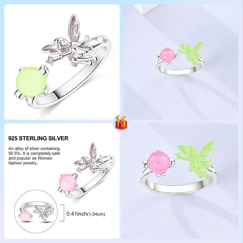 Symbols 925 Sterling Silver Pink Fairy Angel Wings Glow-in-the-Dark Bead Ring One Size Fits All For Women's Exquisite Jewelry