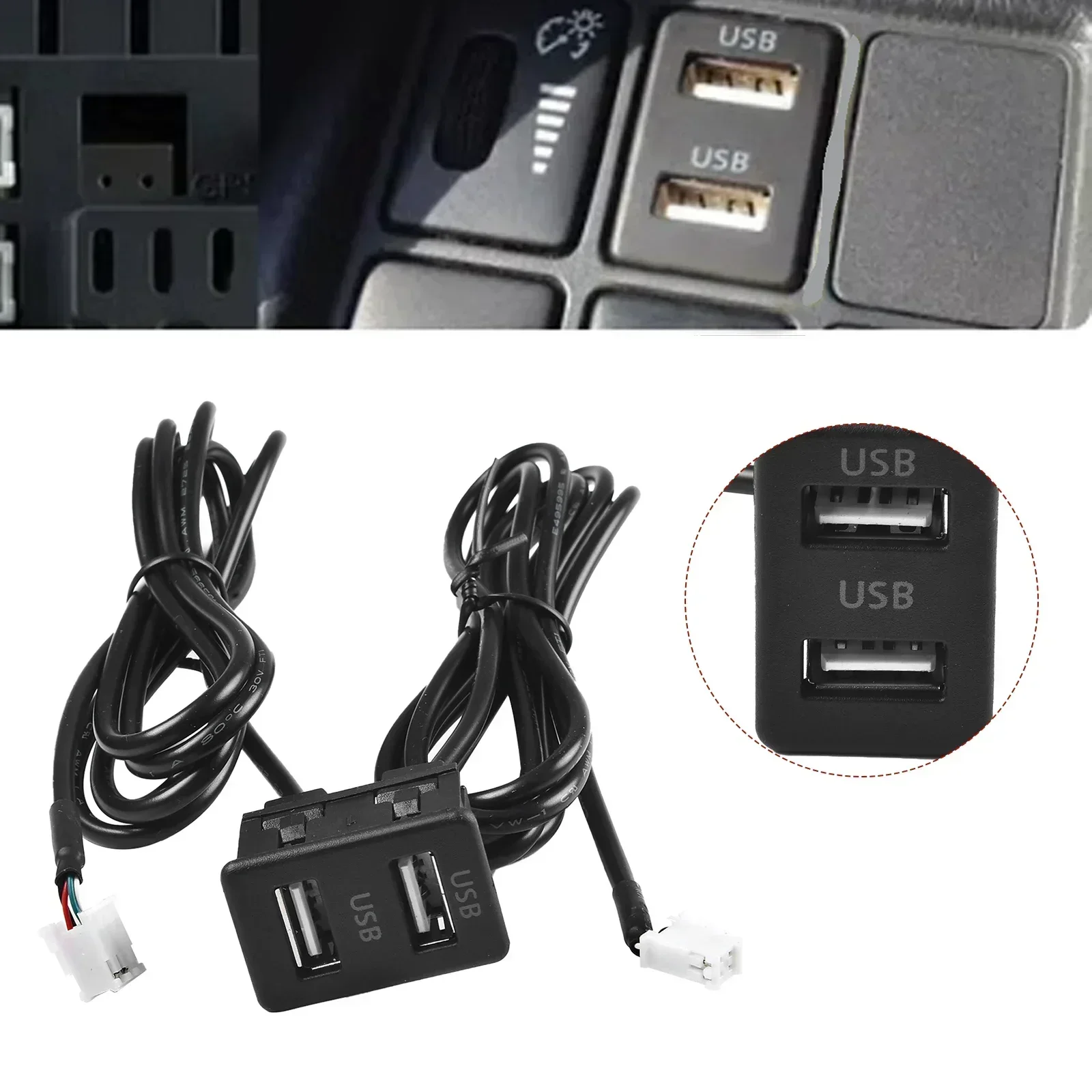 Auto Dashboard USB Socket Dash Mount Dual USB Port Panel Interface Extension Black ABS 145cm Cable Adapter 4pin+6pin 3.4*2.2cm