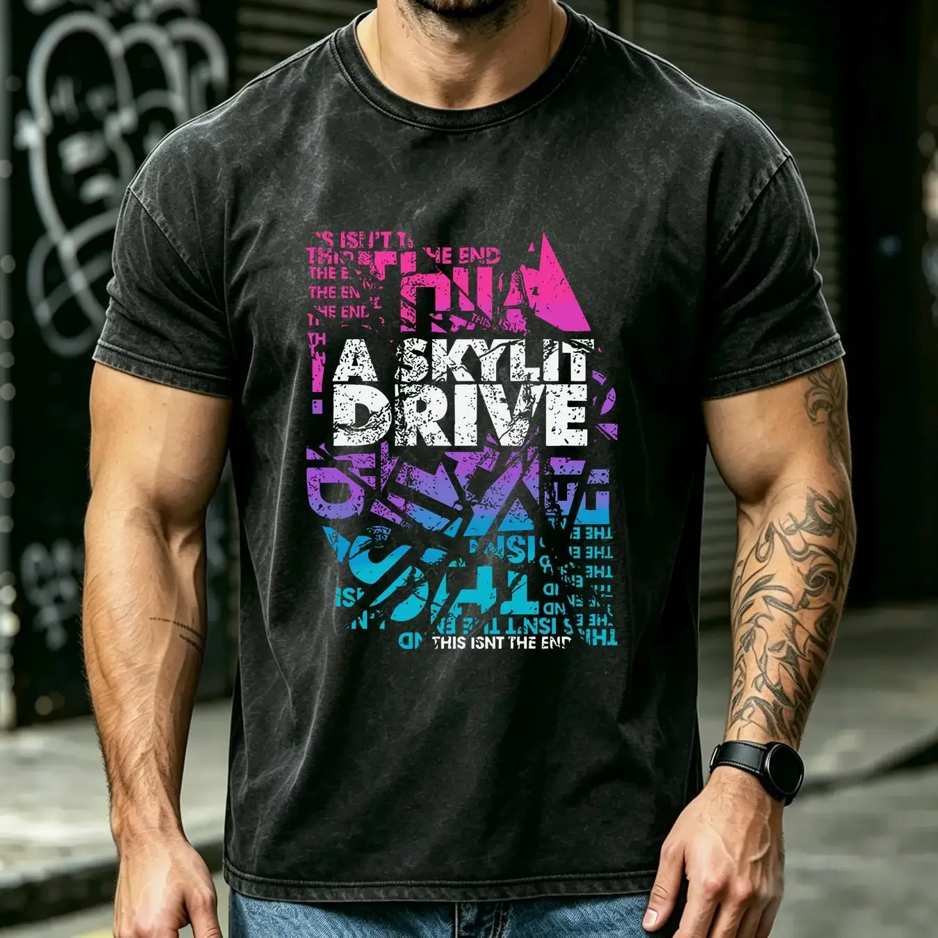 washed T Shirt A SKYLIT DRIVE Band Cotton Black Full Size MM1206 long or short sleeves vintage Washed Stylish Stretched fashion