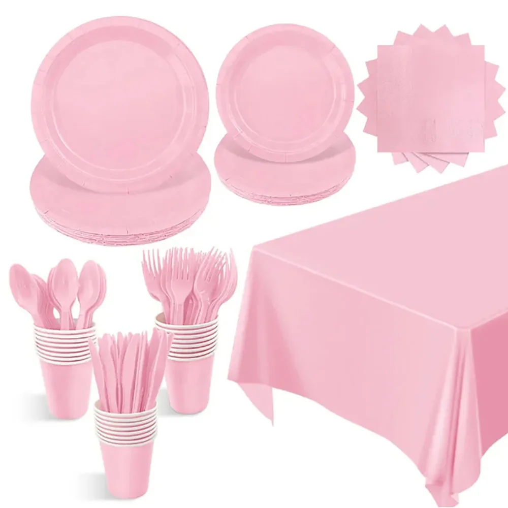 Solid Pink Theme Birthday Super Girls Decorations Party Disposable Tableware Paper Napkins Cups Plates Tablecloths Straw