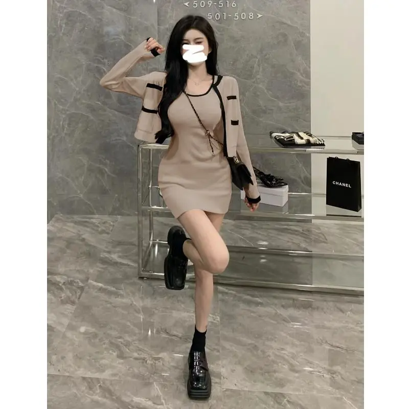 Mini Wrap Hip Spaghetti Strap Black Vest Dress Knitted Two Piece Sets White Cropped Cardigan Jacket Casual Spring New