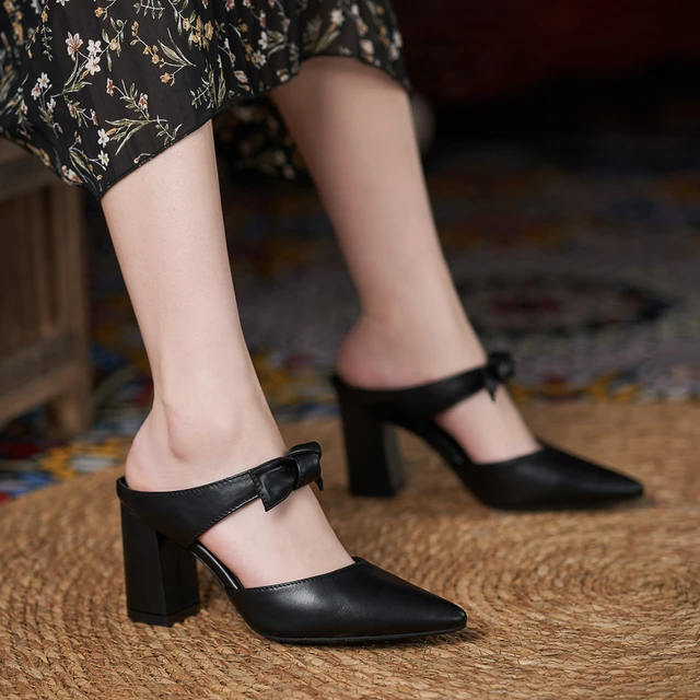 31 43 Block Heel Pointed High Heels Sandals Women Shoes Summer Mules Black Heels AliExpress