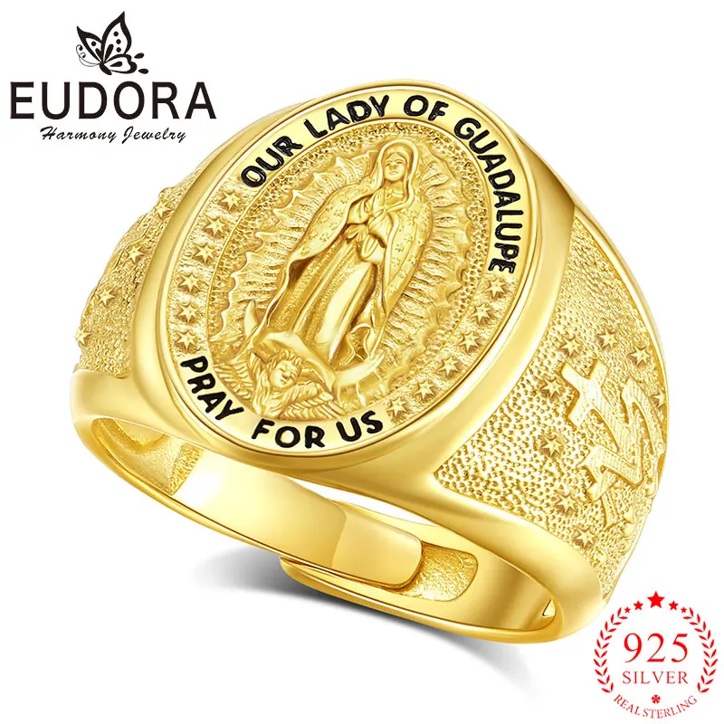 Eudora Virgin Mary Ring 925 Sterling Silver Plated 18K Gold Mother of God Cross Adjustable Ring Christian Jewelry for Women Men