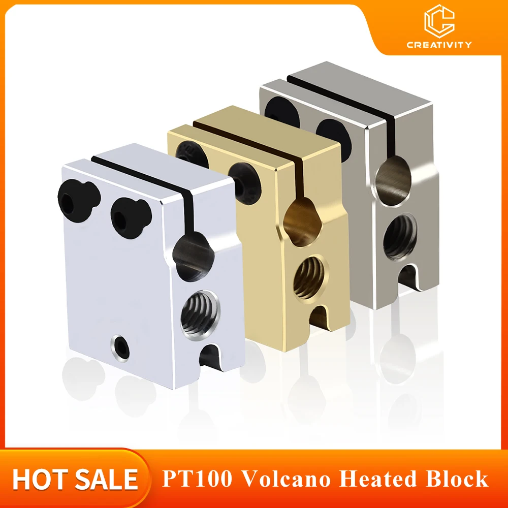 Blocco Riscaldante Volcano PT100 in Alluminio con Ottone Placcato Rame - Ricambi Stampante 3D - Alta Qualità