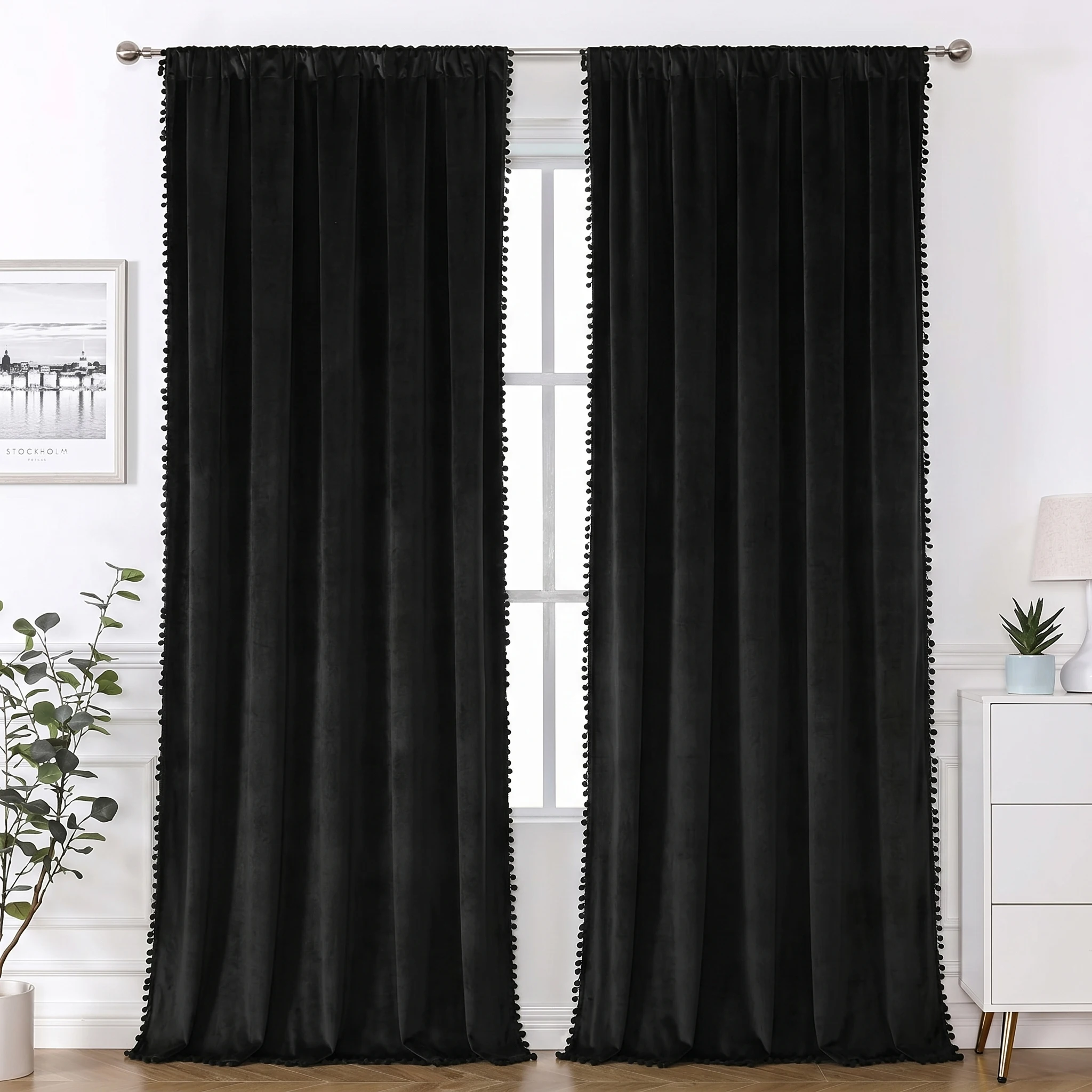 1 Piece, Available in Multiple Colors: White / Navy Blue / Orange / Emerald Green / Brown / Red. Fashionable and Luxurious Velvet Curtain with Pom-Pom Fringe, Rod-Top Design, Soft and Thick, Drapes Smoothly, Soundproof and Heat-Insulating, Protects Privacy. Made of Polyester, Washable, Suitable for All Seasons, Suitable for Kitchen, Bedroom, Living Room, Office. Does Not Include Ropes and Accessories view 5