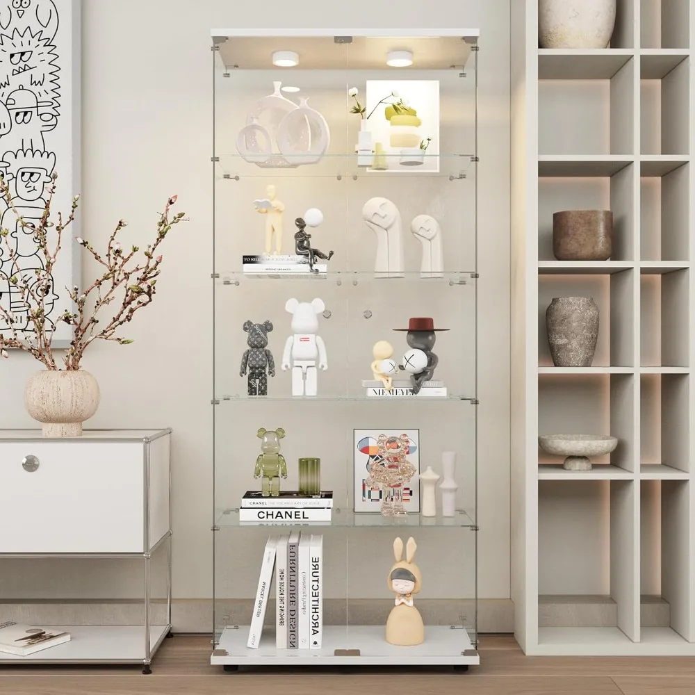 5 Shelves Glass Display Cabinet with Lights，Curio Cabinets with 2 Doors，Quick Installation，Floor Standing Glass Bookshelf