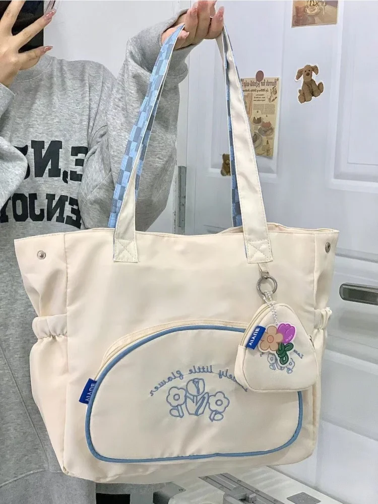 Saco de lona de flor bordado casual para mulheres, bolsa de axilas estética, bolsas de ombro Streetwear, sacolas, moda doce, Y2k