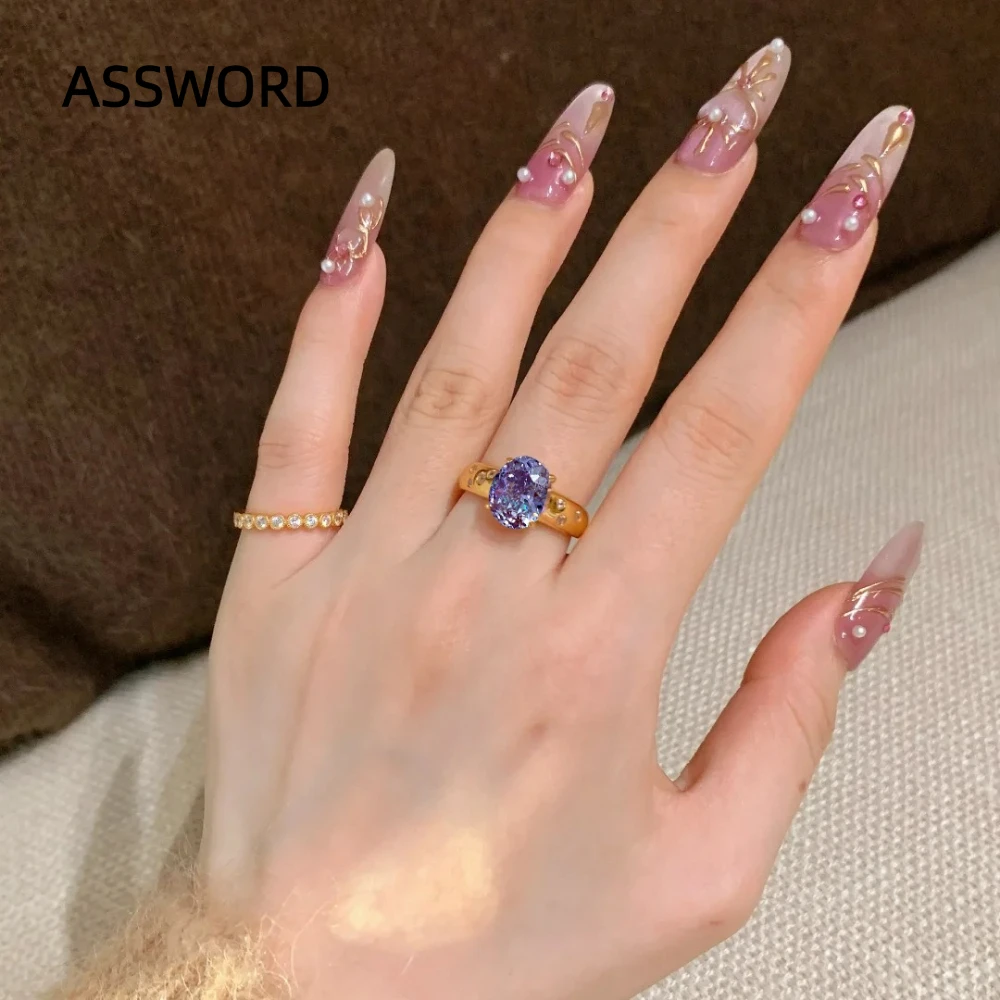 925 Sterling Silber Vergoldeter Ovaler Lila Moissanit-Ring Vintage Dickes Band mit Seitensteinen Eingelegter Ring für Damen Schmuck Geschenk – Detail 4