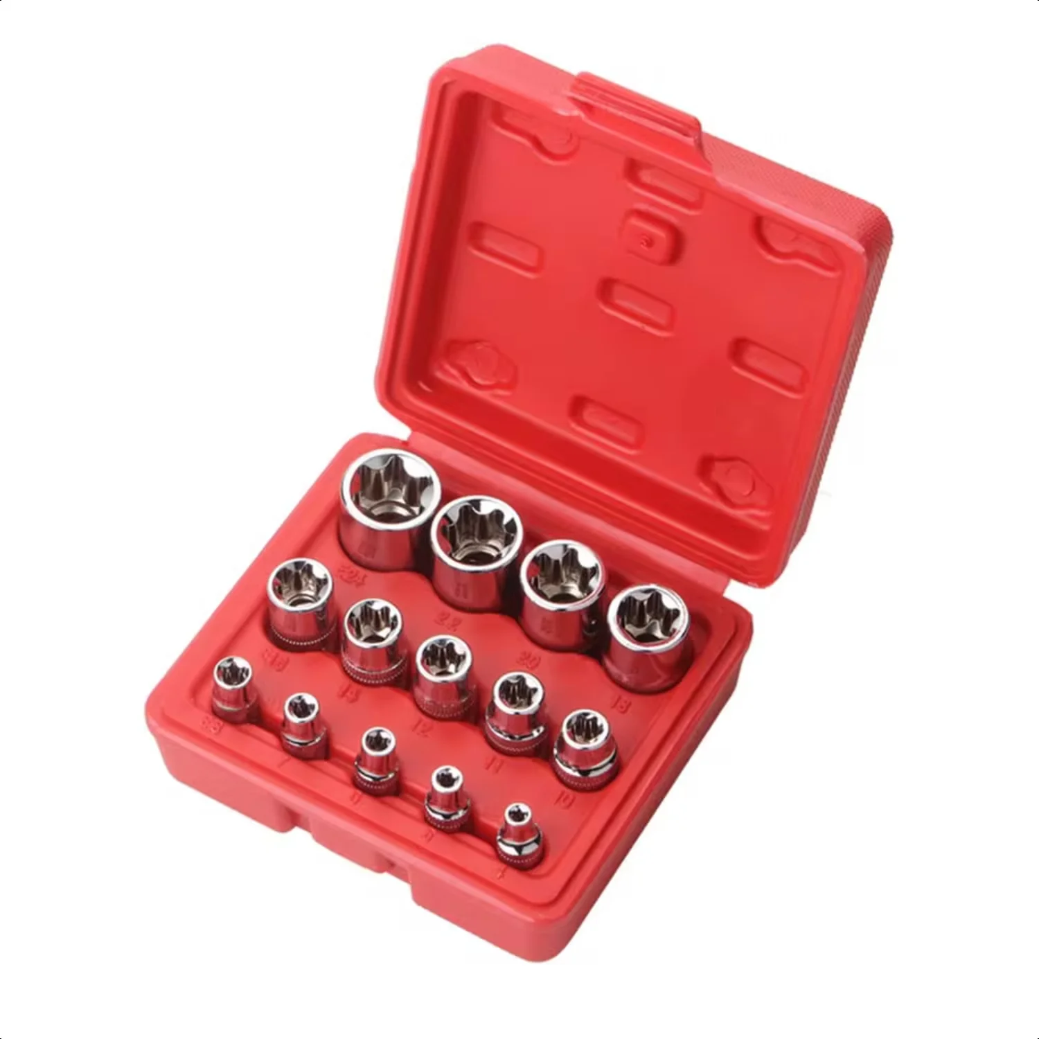 

14PCS Female E-Torx Star Socket Set with Case 1/4, 3/8, 1/2 in. Drive External Star Socket Set E4-E24 Torque Socket Set