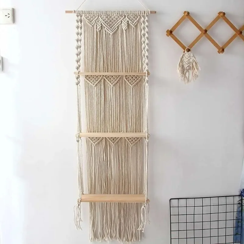 Bohemian Woven Wall Tapestry with 3-Tier Floating Shelves, Nordic Macrame Decor for Hotel Boutique, Boho Shelf Organizer