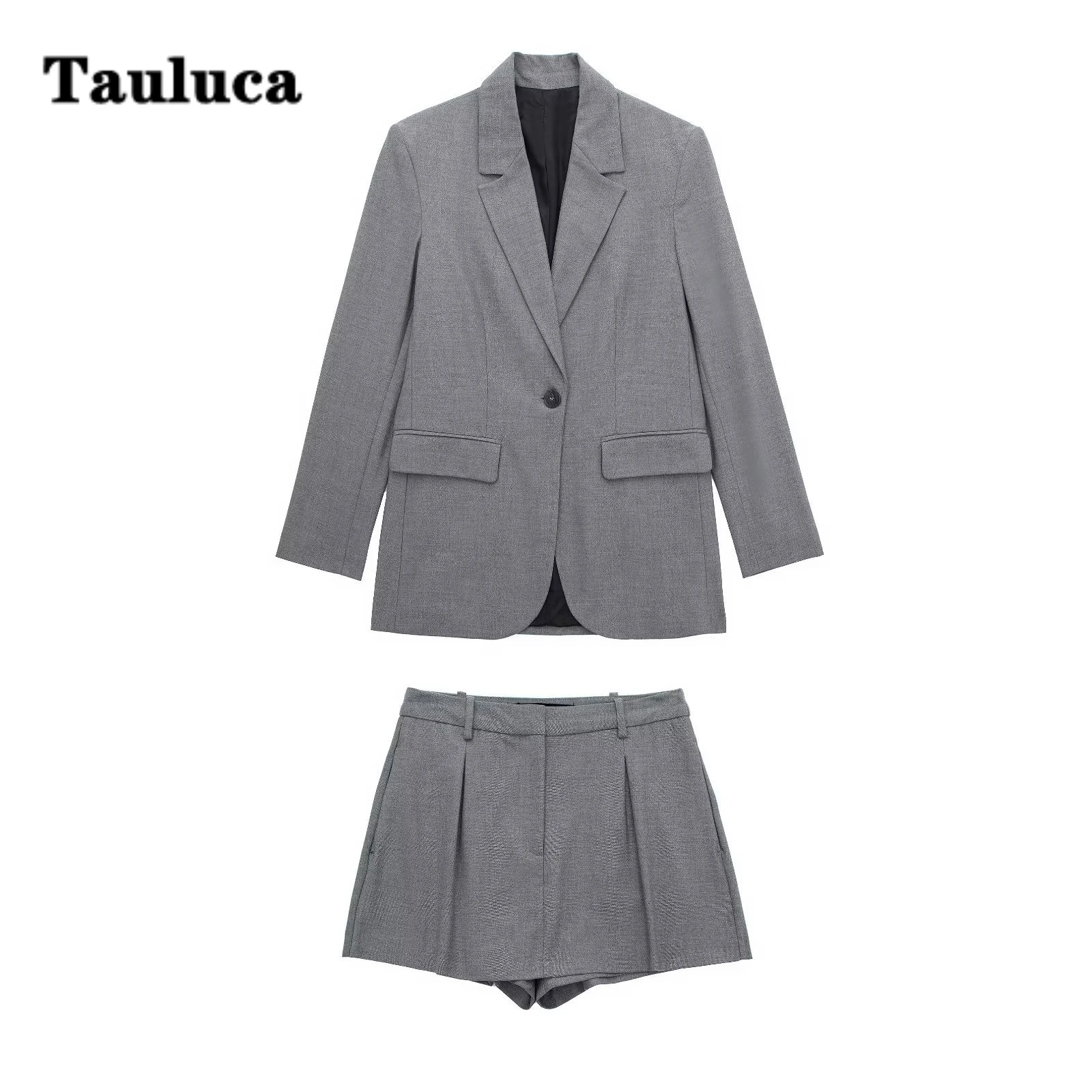 

New Fall Autumn Outfits For Women Matching Sets Simple Loose Straight Tube Grey One Button Suit Coat+ Shorts Culottes Suit