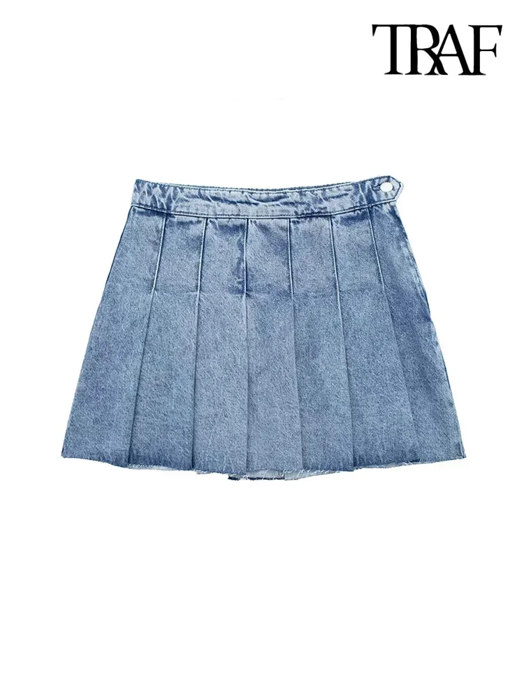 TRAF Women Fashion Wide Pleated Denim Mini Skirt Vintage High Waist Side Zipper Female Skirts Mujer