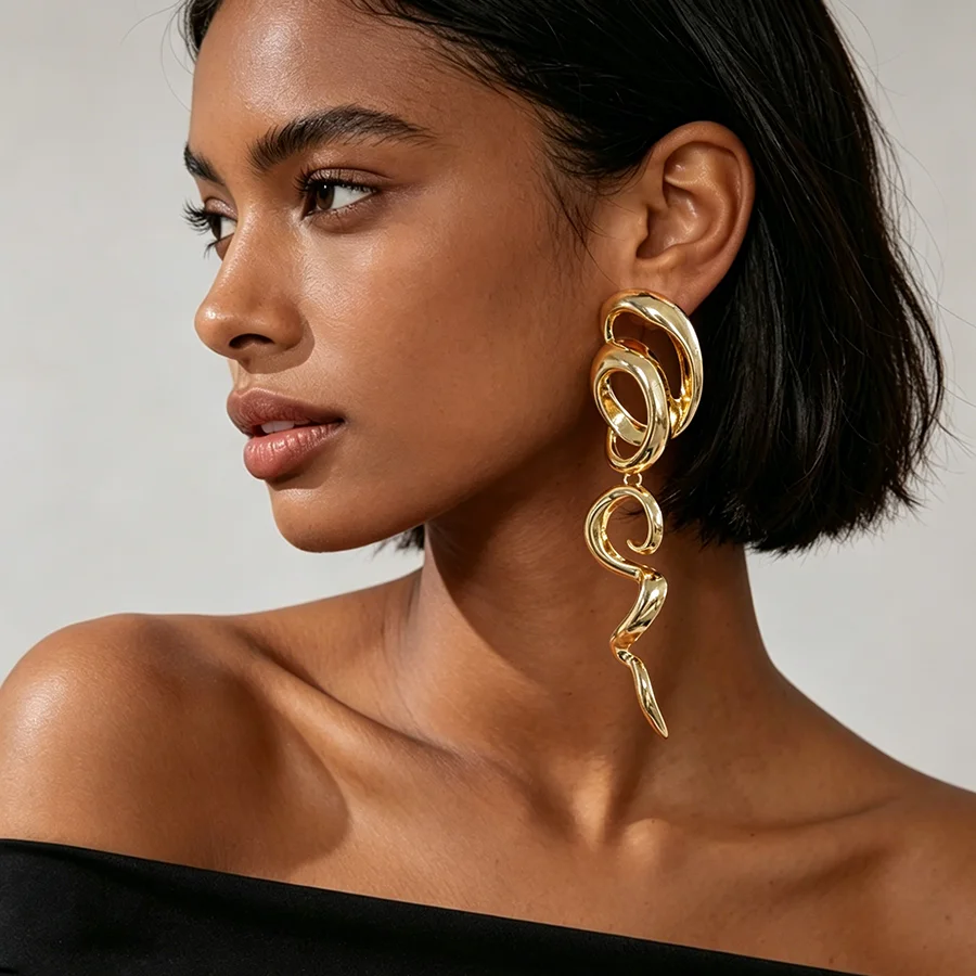 Polished Gold Color Abstract Irregular Twisted Dangle Earrings for Women Men Modern Statement Punk Snake Earring Fashion Jewelry