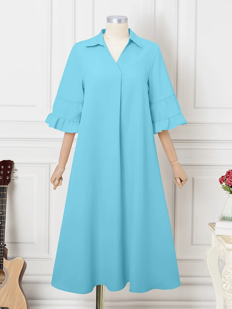 

5XL VONDA Women Plus Size Dress Party Elegant Lapel 3/4 Sleeve Ruffled Long Vestidos Casual Solid Party Robe Office Sundress