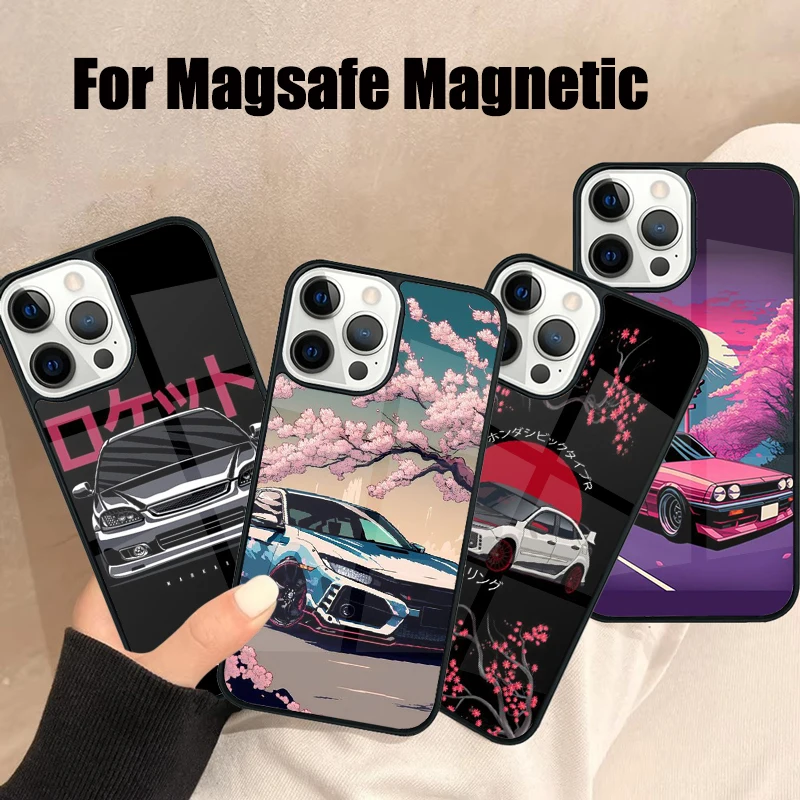 J-JDM-M Type R Civic Sport Car Magsafe Phone Case For iPhone 16 15 14 13 12 11 Pro Max Plus Mirror Wireless Magnetic Cover