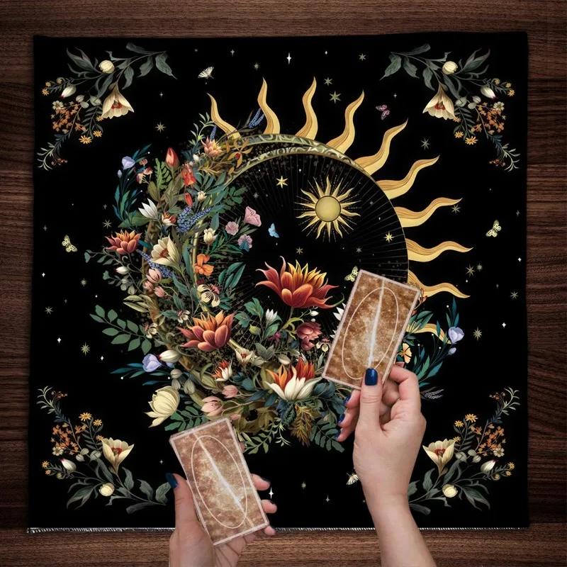 Floral Sun Moon Plants Tarot Tablecloth Wicca Altar Cloth Starry Sky Tarot Card Table Cover Aesthetic Home Room Decor