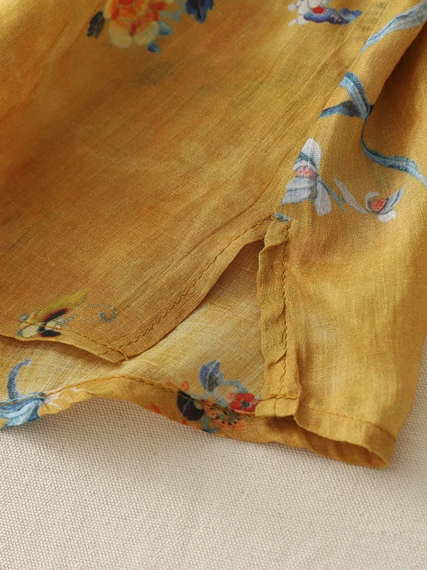 새로운 중국 스타일 여성 여름 슬림핏 레트로 프린트 엘레 탑 버튼업 전통 민족 의상