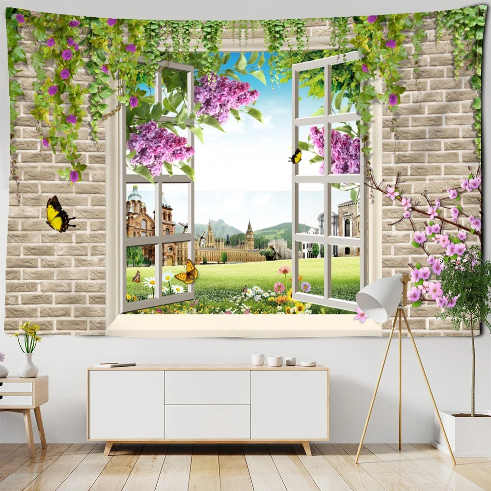 Window Landscape Tapestry Spring Green Grass Flower Wall Hanging Psychedelic Tapestry for Bedroom Living Room Dorm Decor Blanket