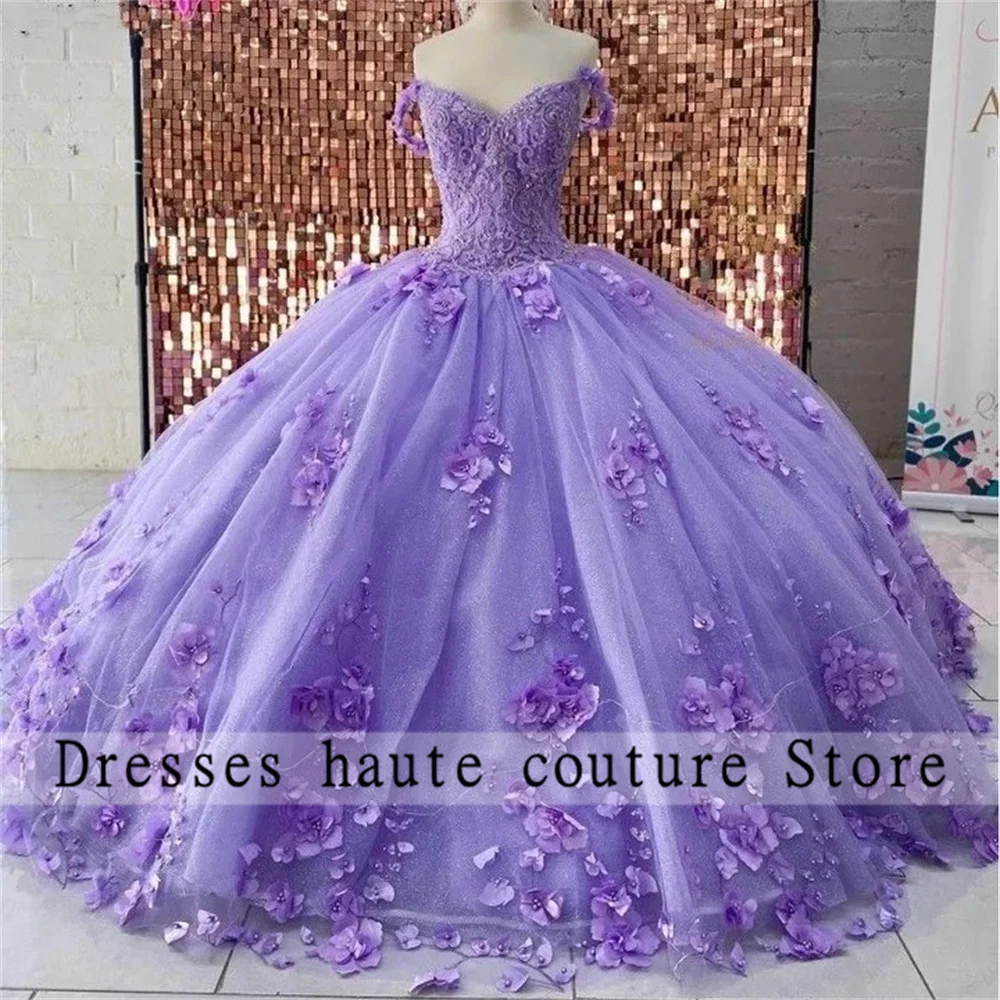 Lavender Lilac Lace Appliques Quinceanera Dresses 2024 Beaded 3D Flowers Sweet 16 Dress Birthday Gown Vestidos De XV 15 Anos