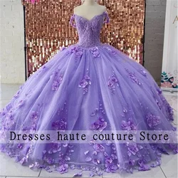 Lavender Lilac Lace Appliques Quinceanera Dresses 2024 Beaded 3D Flowers Sweet 16 Dress Birthday Gown Vestidos De XV 15 Anos