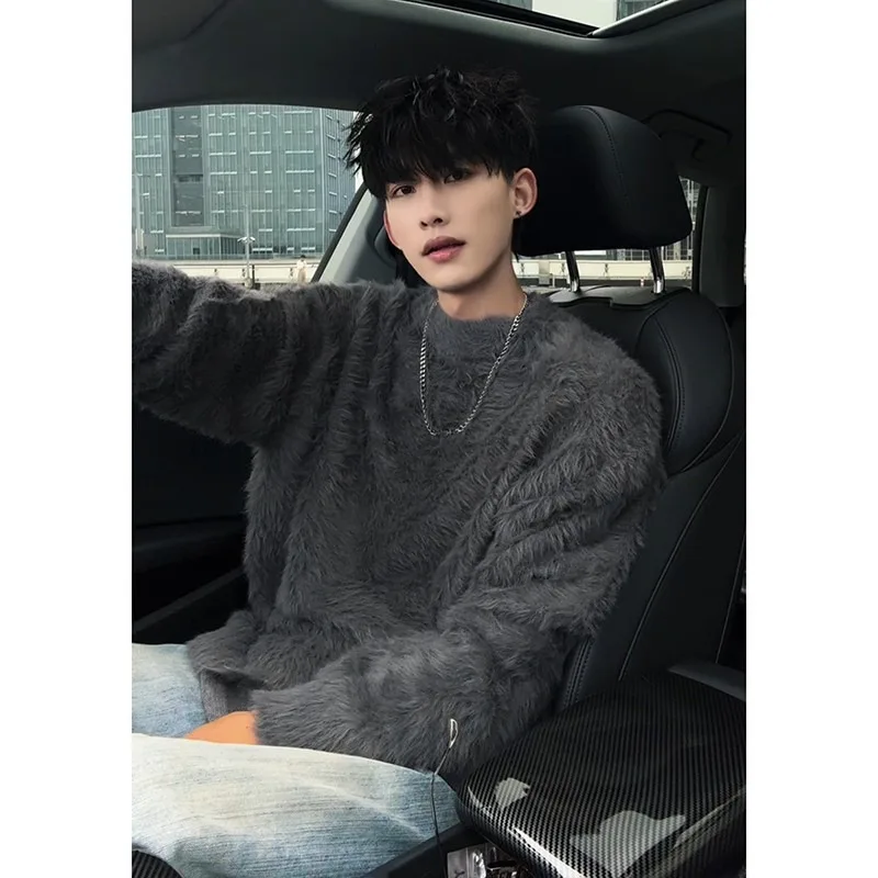 Retro couple outfit for autumn and winter, new long mink fur solid color sweater, college style design, round neck loose knit pu