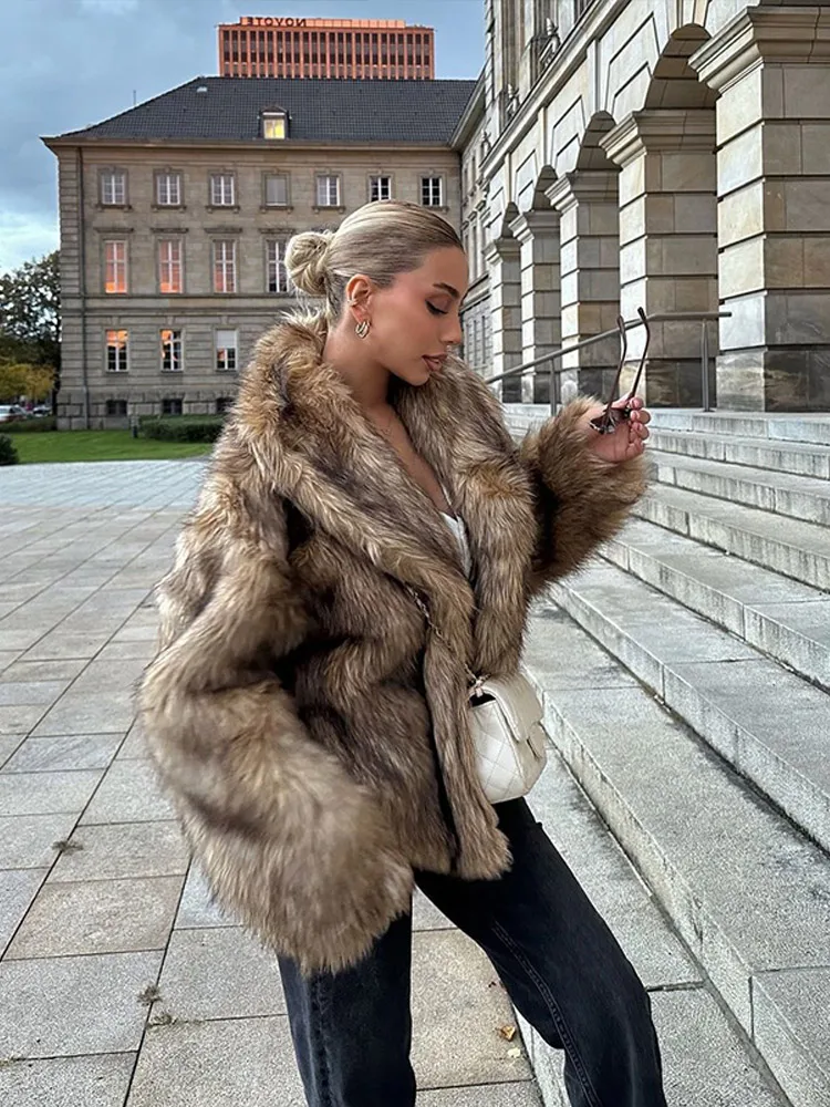 Elegant Brown Fluffy Faux Fur Thicken Jacket Chic Female Lapel