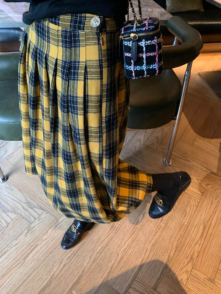 

Autumn Winter Large Patterned Yellow Woolen f Skirt A-Line Fene Korean Straight Tube High Waist Long Skirts