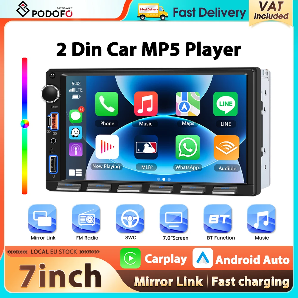 Image of Podofo 7'' 2Din MP5-Player Kabelloses Carplay Android Auto Multimedia-Player USB FM EQ Sound IPS-Bildschirm Klaviertasten AUX Audio Bluetooth Auto-Stereoanlage