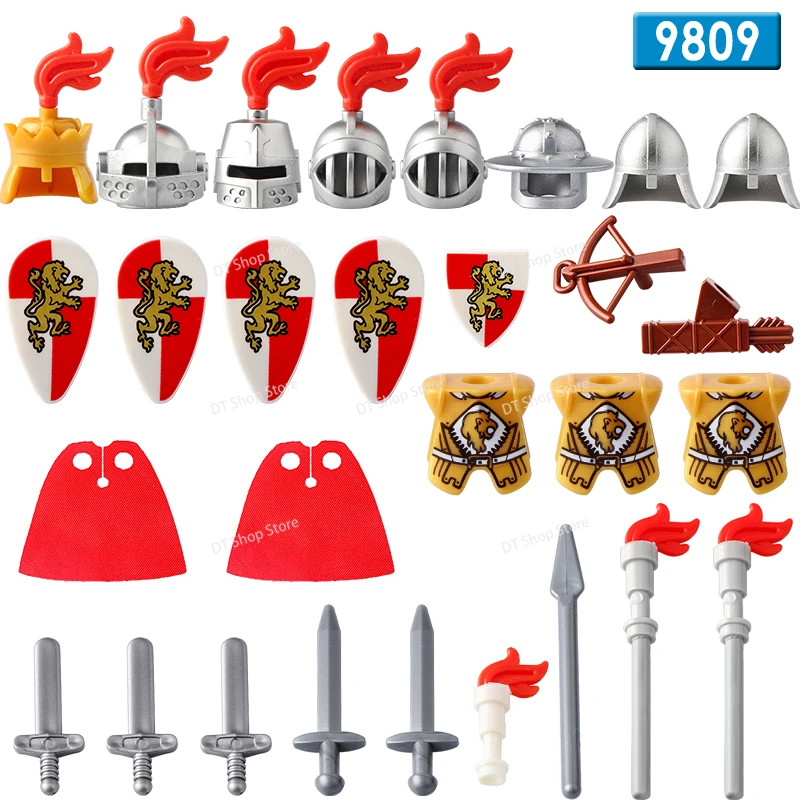 AX9809-9819 León rojo Medieval corona blanca dragón azul Reino Caballero armas iluminar bloques de construcción ladrillos rompecabezas chico para juguetes