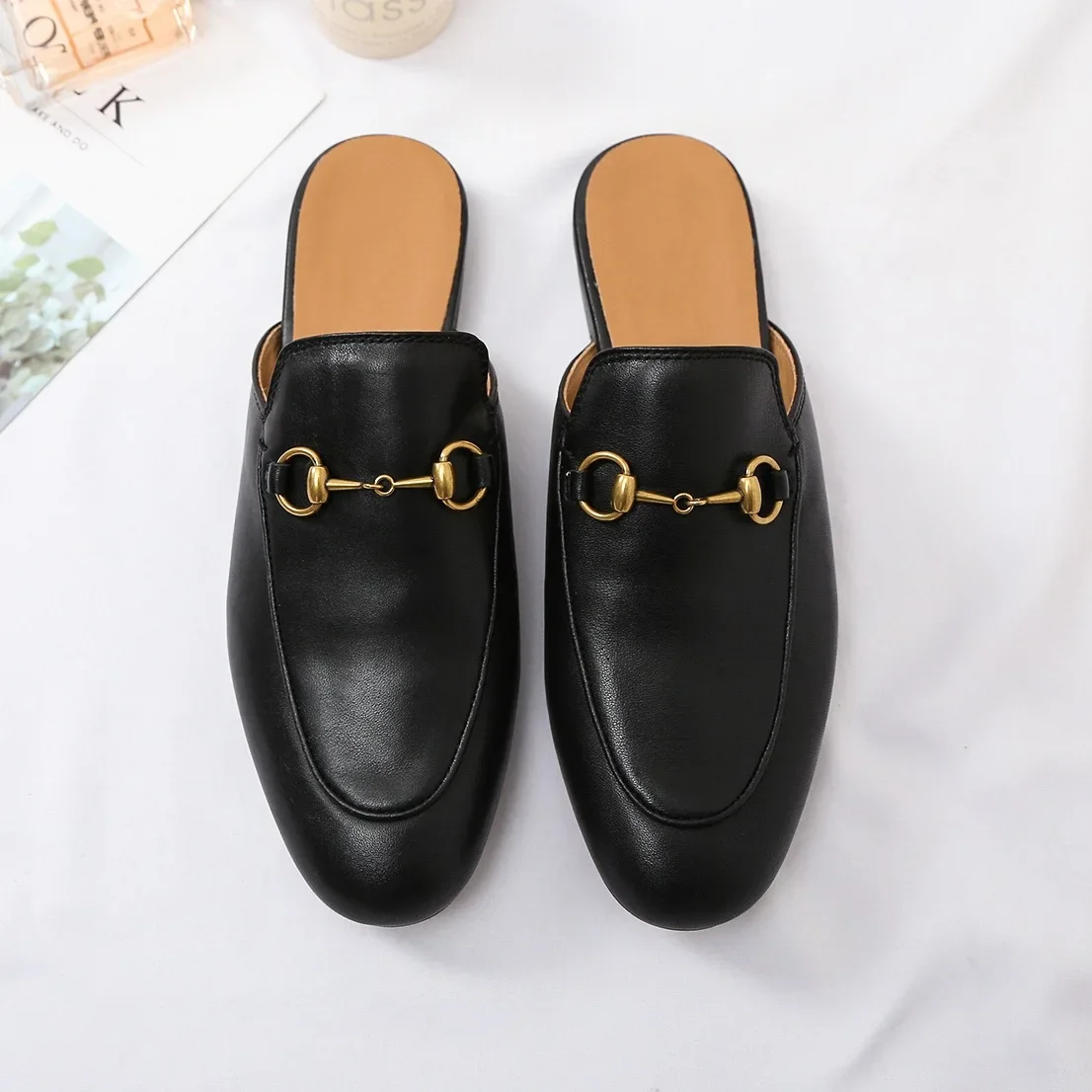 T.L Swift Full leather Muellers horse buckle half slipper leather bag toe slipper Flat women\'s summer metal buckle loafers