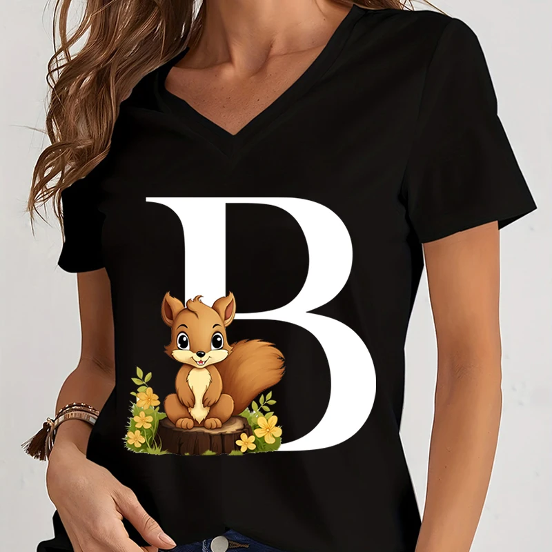 T-shirts for Women Summer 2024 Squirrel Alphabet T Shirt Aesthetics Y2K Top Fashion Short Sleeve Print Shirt Loose Female Tees