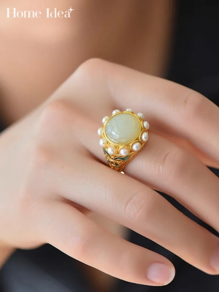 

New Designer Women Court Style Natural Jade S925 Silver Rings Beading Sterling Silver Golden Plating Vintage Rings Jewelry