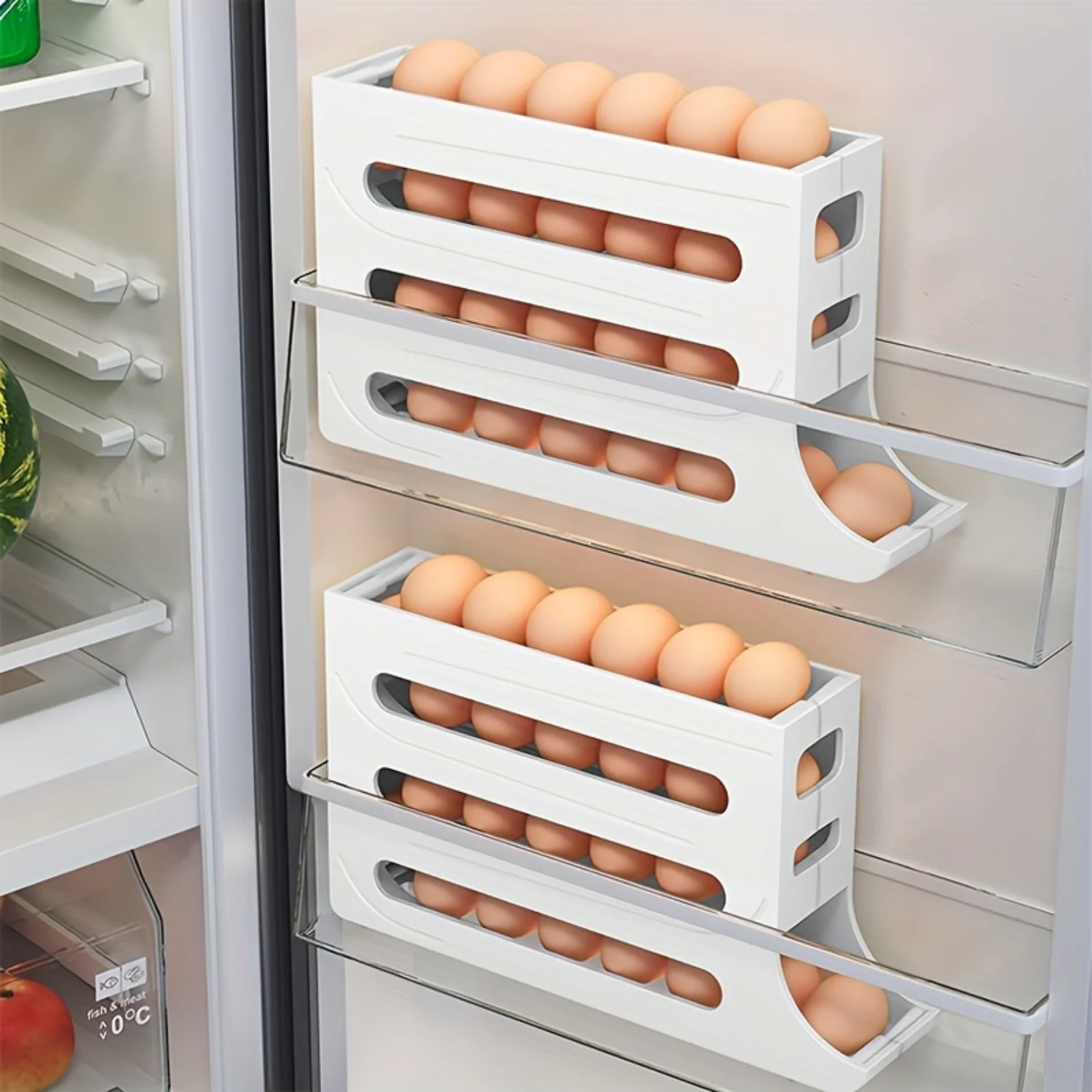 Large Capacity Automatic Rolling Egg Basket - Safe, Gentle & Spacious Egg Caddy - Effortless Rolling Design for Refrigerator, Ca