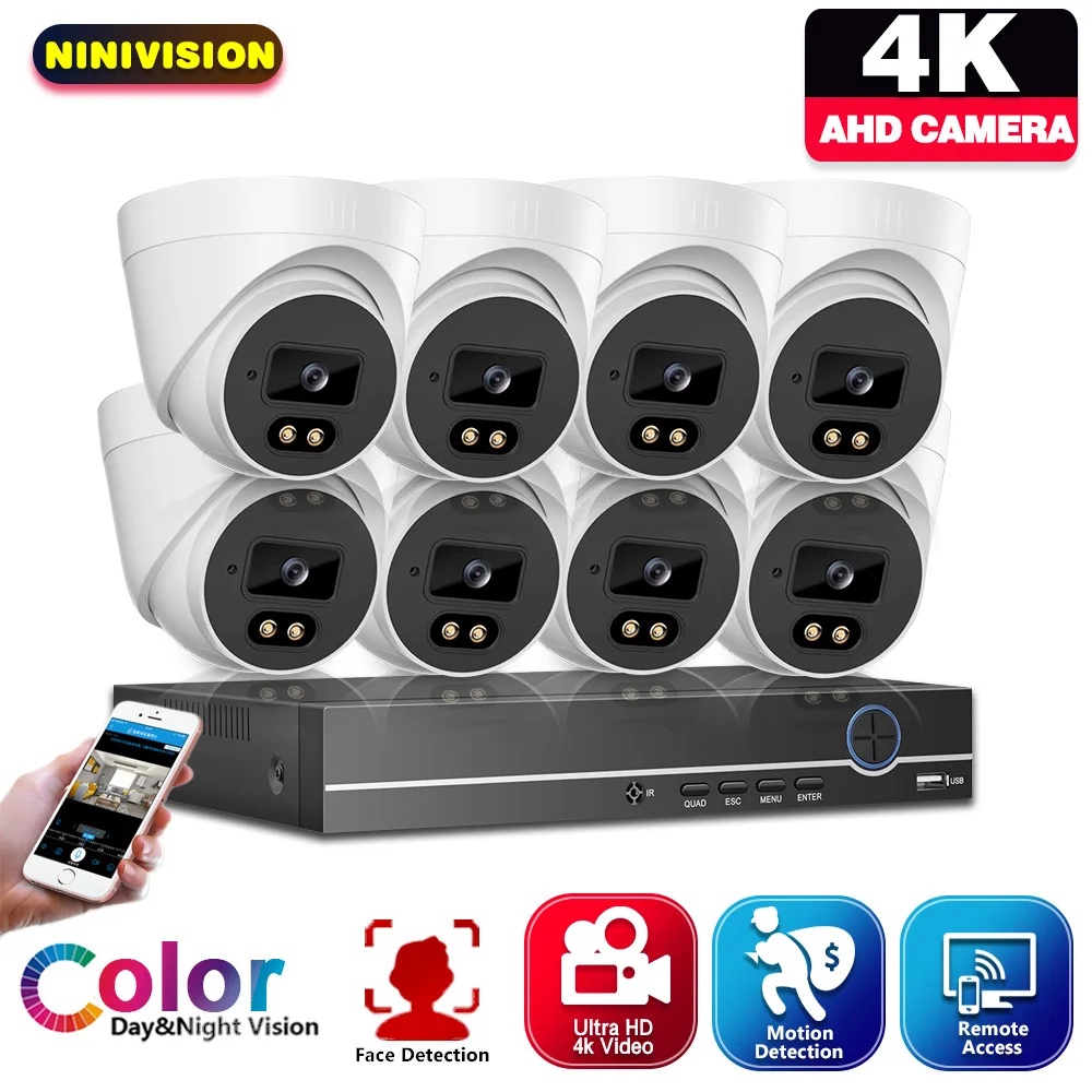 

Комплект системы видеонаблюдения 4K AHD: 8-канальный видеорегистратор и купольные камеры для внутреннего использования с цветным ночным видением для дома