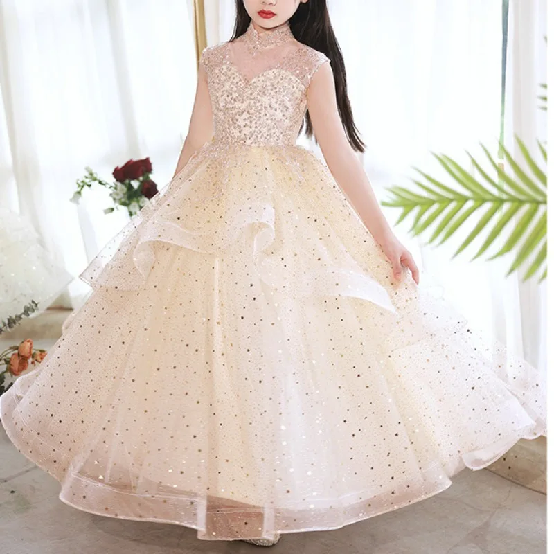 Flower Girl's Fluffy Gaze Dress, Evening Little Host, vestidos para piano, vestido de baile, Walk Show, novo, primavera