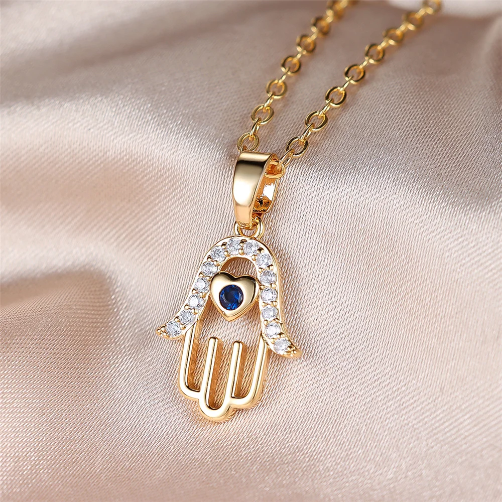 Luxury Female Crystal White Blue Zircon Stone Hand Pendant Necklace Vintage Gold Color Wedding Jewelry For Women