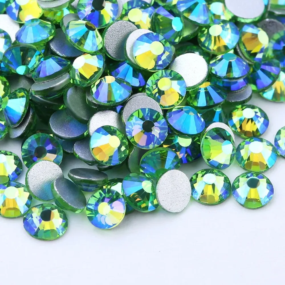 SS3-SS30 1440PCs PeridotAB Green Glass 3D Nail Art Decorations Flatback Rhinestones Non HotFix Glue on Crystal Wedding Dress 045