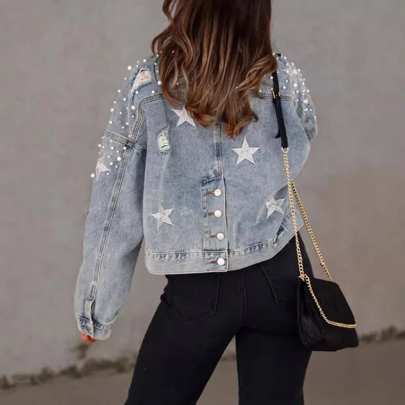 Women Fall Casual Denim Jacket Back Star Print Long Sleeve Turn-down Collar Button Pearls Coat Streetwear Denim Jacket Women