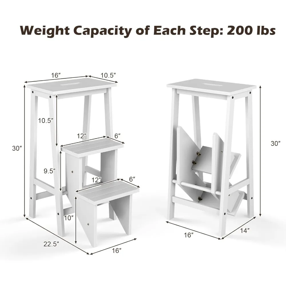 مقعد DORTALA ذو 3 طبقات قابل للطي، مقعد كرسي سلم متعدد الوظائف من الخشب المطاطي، مقعد أدوات محمول، حامل زهور، 200 رطل C #2