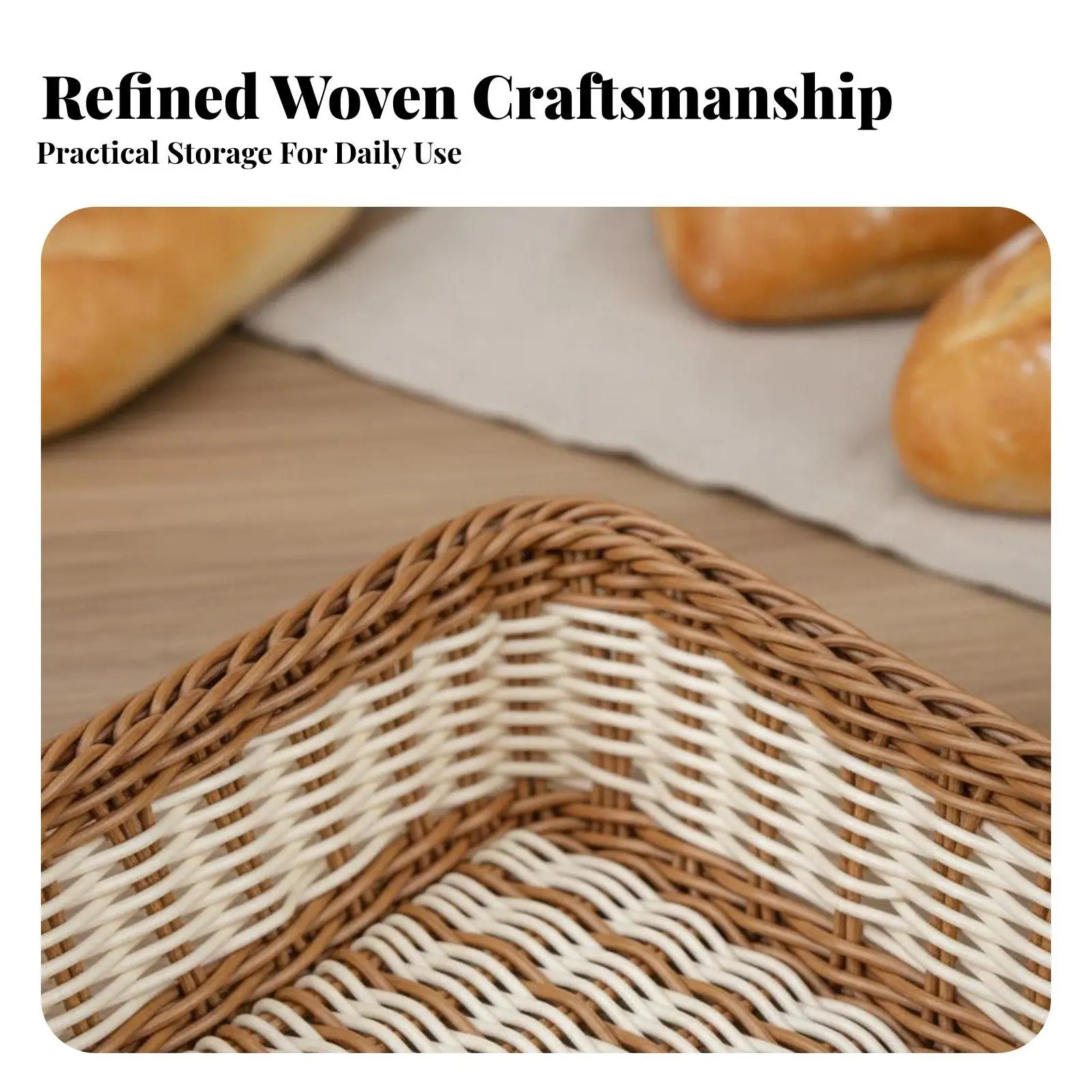 PP Rattan Woven Bread Basket Rectangular Wicker Tray for Serving Bread Fruits Snacks Home Kitchen Counter Storage Organizer