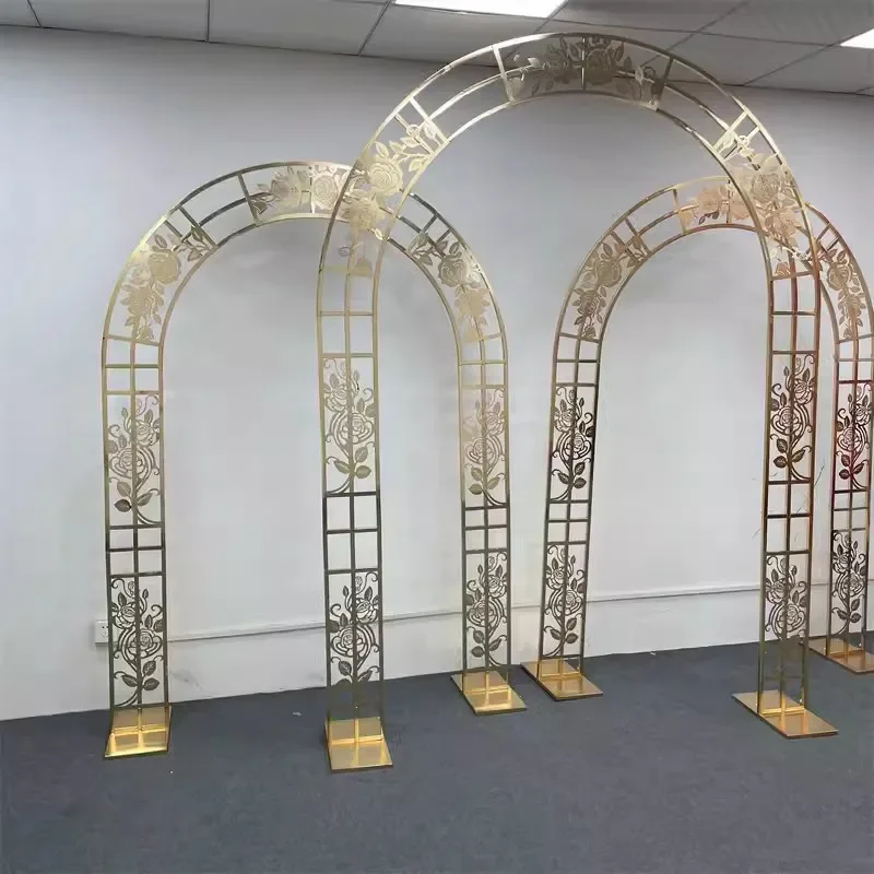 New Sparkling Arc Three Rod Rose Screen Frame Wedding Arches Gold Plated Geometric Flower Door Frame Artificial Flower Deco