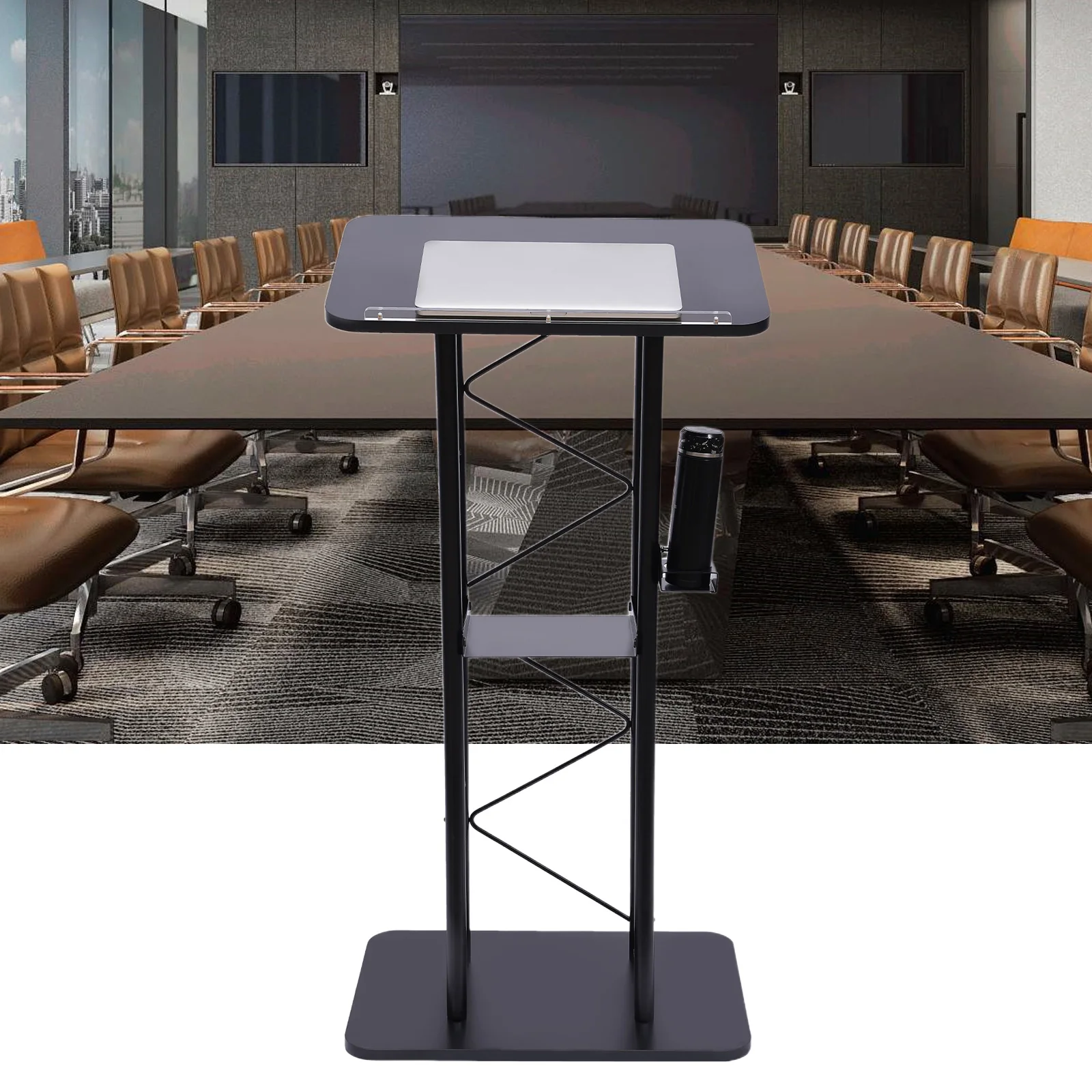 Iron Curved Podium Stand Floor-Standing black Pulpits Desktop Lecterns W/ Storage Shelf for Church Office School conferences