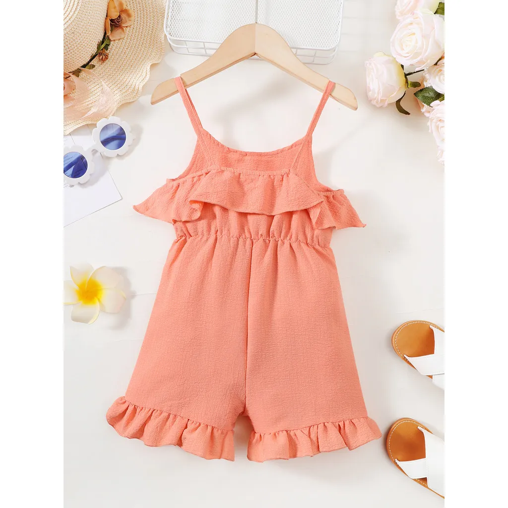 Nowy 2024 dziecięcy kombinezon dziewczęcy na lato szelki zwykły kolor trzepoczące rękawy marszczone krawędzie body ubrania imprezowe dla dziewczynki 4-7 lat