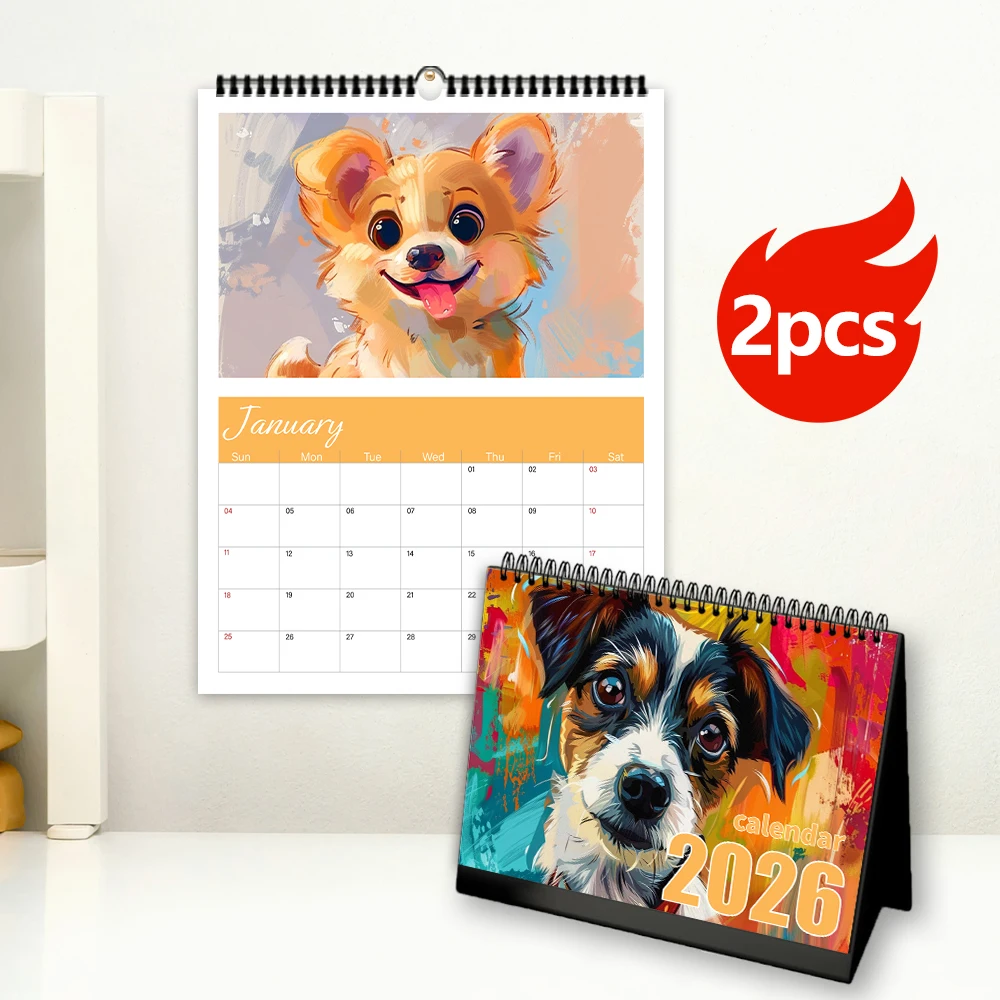 

2 шт./1 комплект, 2026 граффити, абстрактная собака, настольный календарь и настенный календарь, 12 уникальных дизайнов, подарок на день рождения, Рождество, Новый год