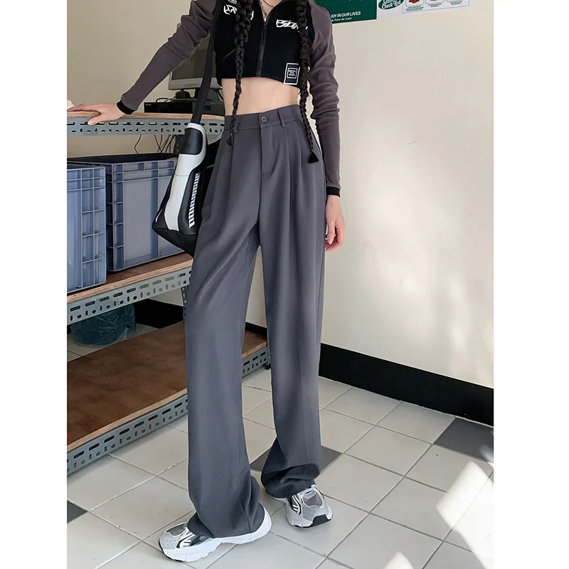 Grey Black Straight Suit Pants Women's Spring And Autumn Elastic Waist Loose Office Lady High Waist Trousers Wide Leg Pants