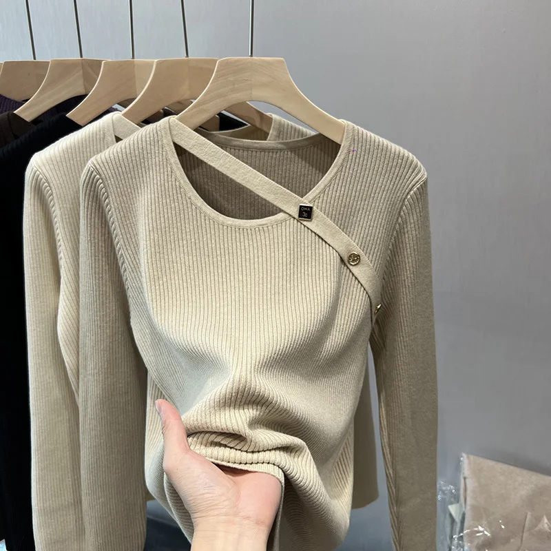 Irregular Button Round Neck Korean Sweater Women Fashion Long Sleeve Knitted Pullover Soft Solid Colors Knitwear Sueter Top Y2k