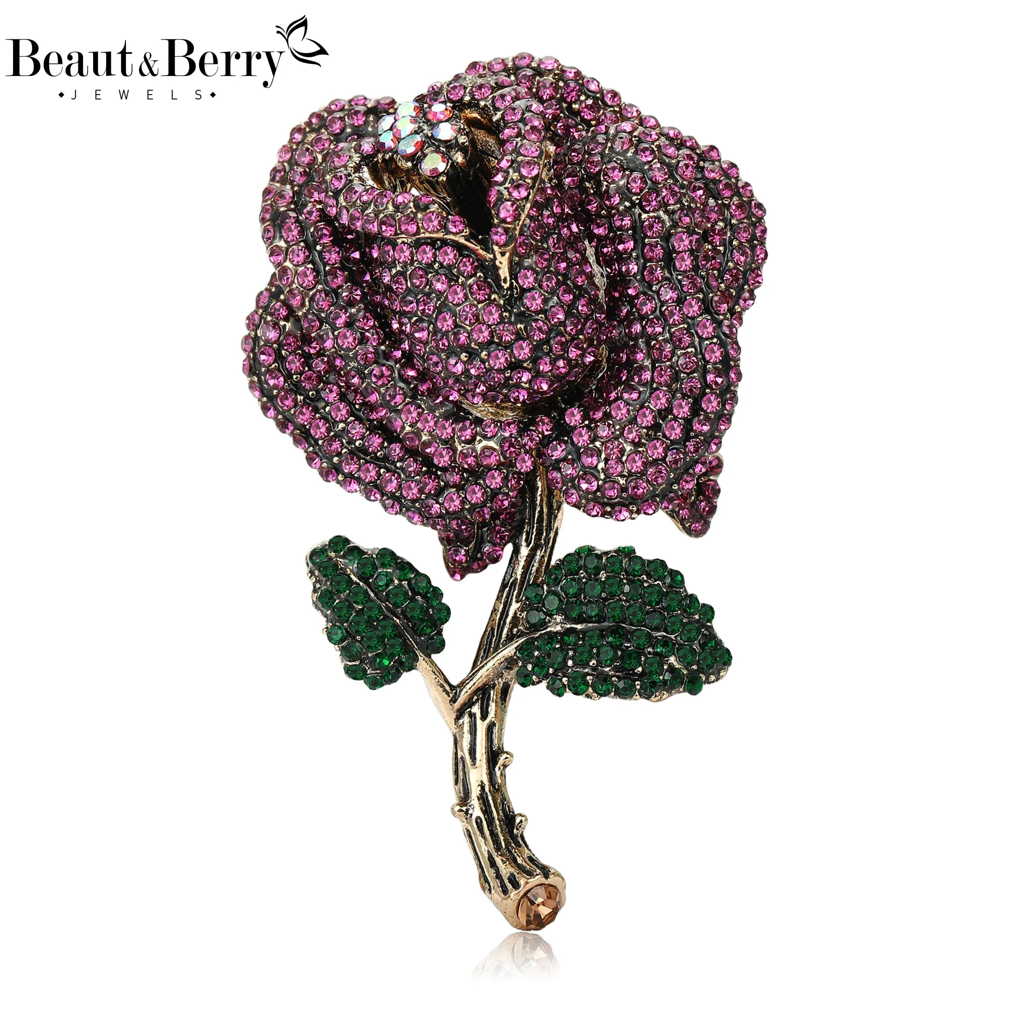 Beaut&Berry Trendy Rhinestone Rose Brooches for Women Unisex Plant Pins Casual Party Jewelry Accessories Gifts Decoration