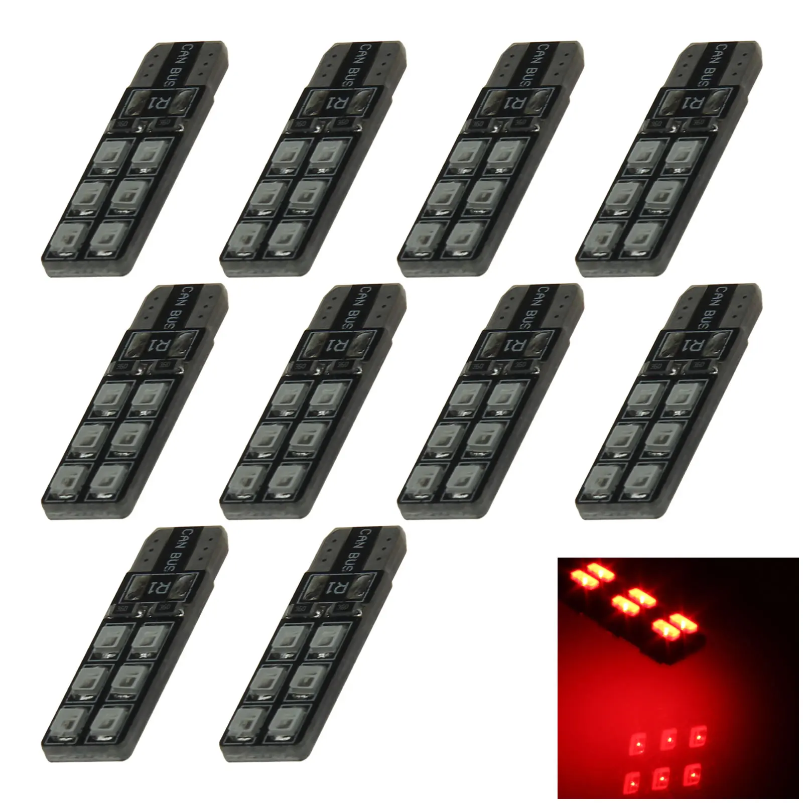 10x Red Car T10 W5W Side Light Lamp Marker Lamp Canbus Error Free 12 Emitters 2835 SMD LED 184 192 193 A097-R