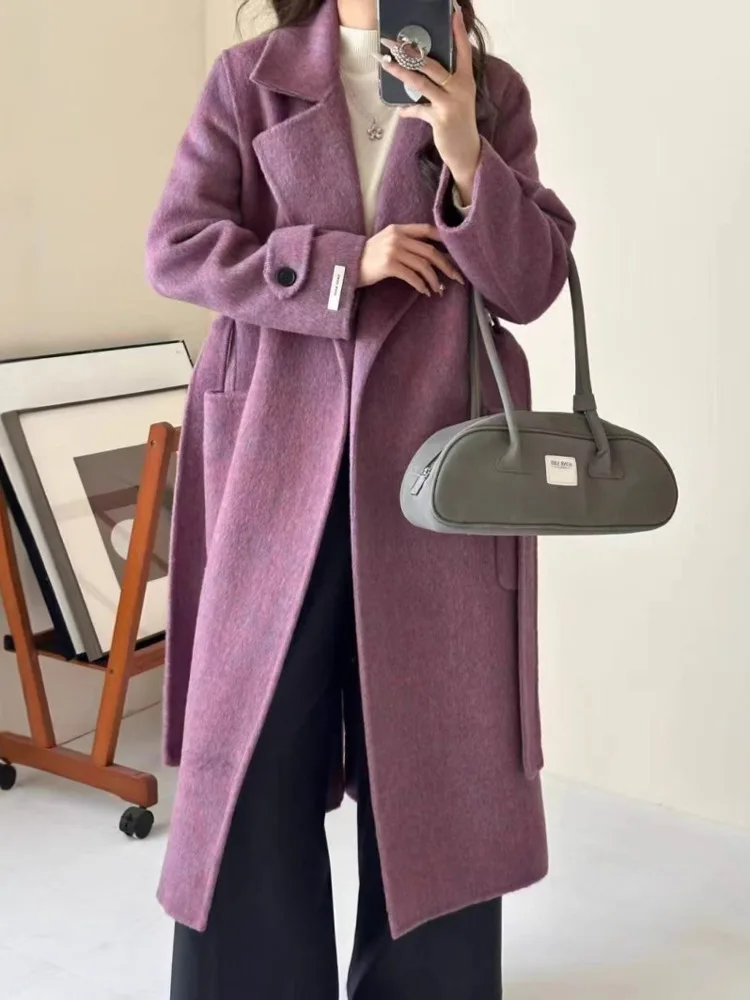 ZMEENNA élégant femmes gris foncé laine mélange Long manteau avec revers col cravate ceinture chaud vêtements de sortie d'hiver décontracté ZM3499